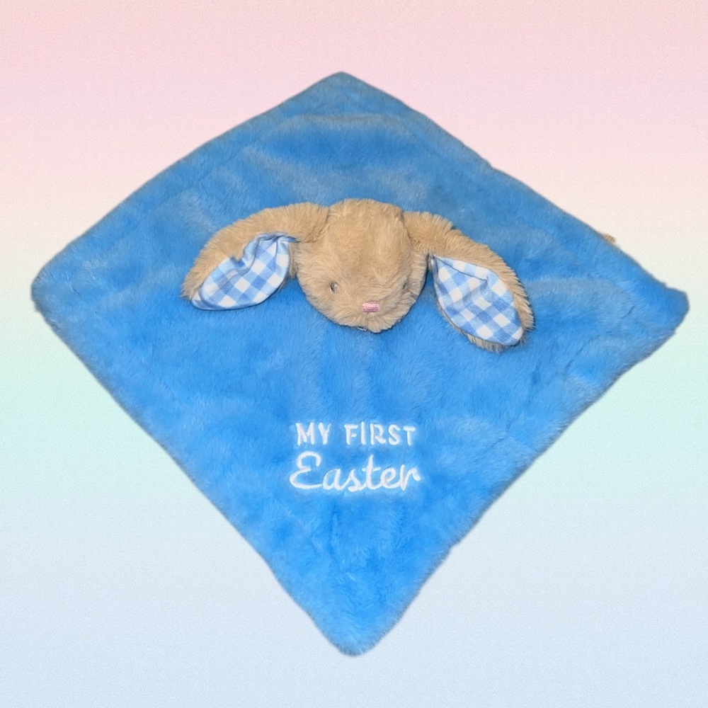 MTY My First Easter  Bunny Rabbit Baby Lovey Rattle Security Blanket Blue Plaid
